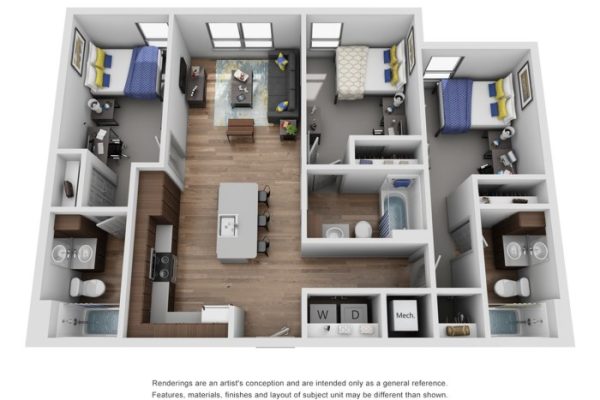 Desain interior apartemen 3 kamar tidur